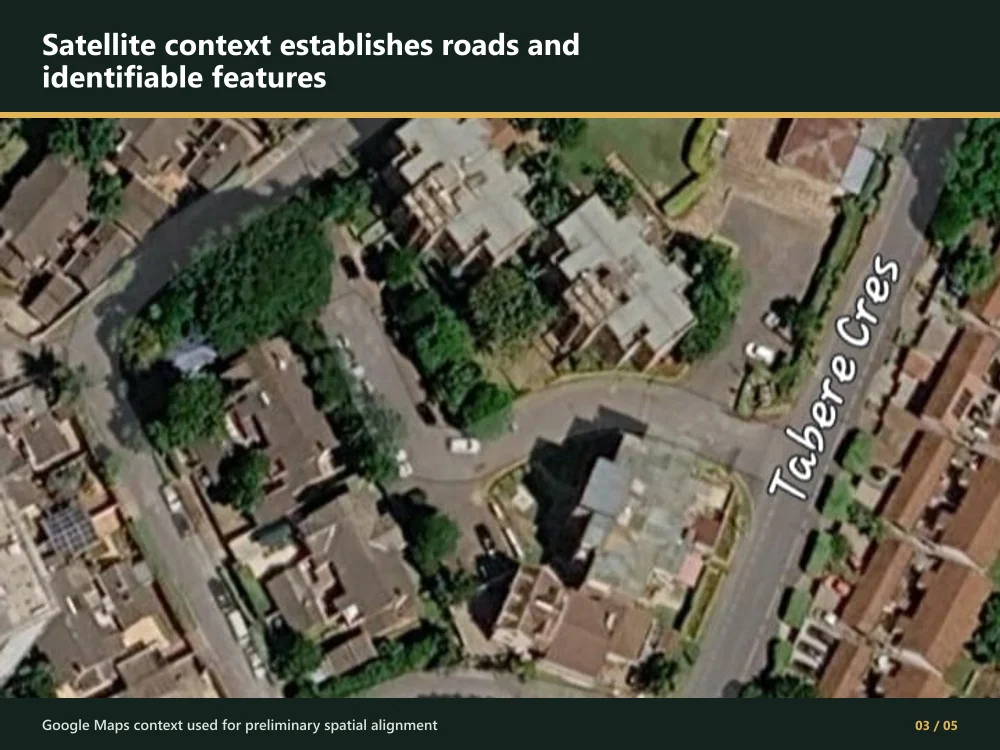Present-day satellite and road context